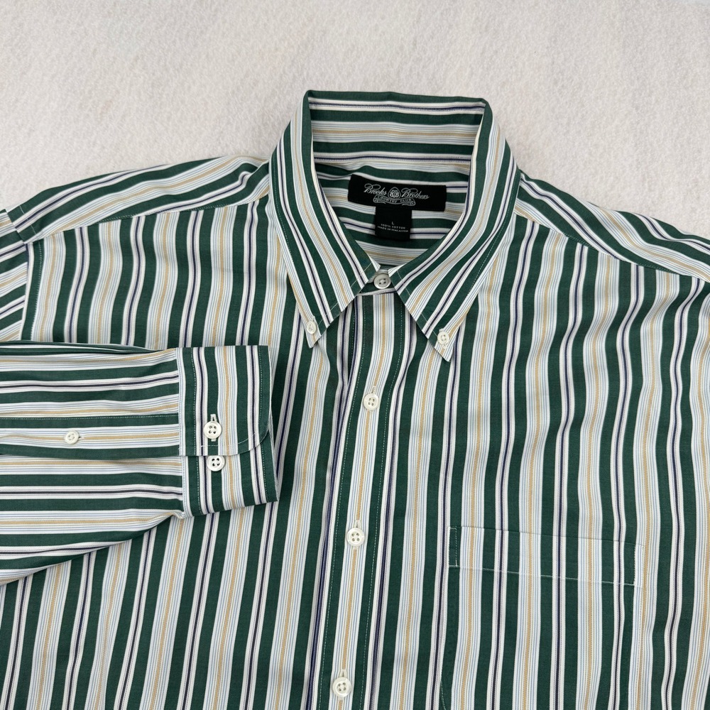 Brooks Brothers Country Club Mens L Green Striped Long Sleeve Button Down Preppy